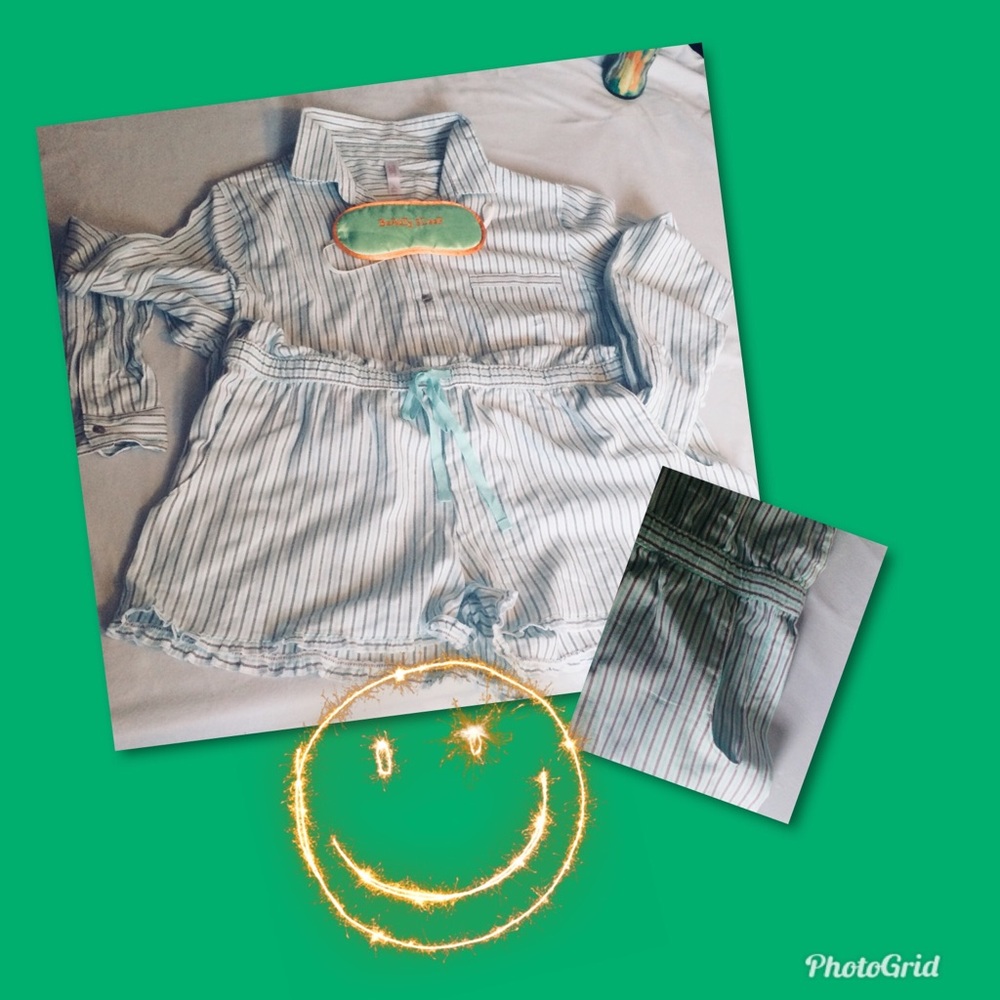 Green, white, gray striped romper pjs